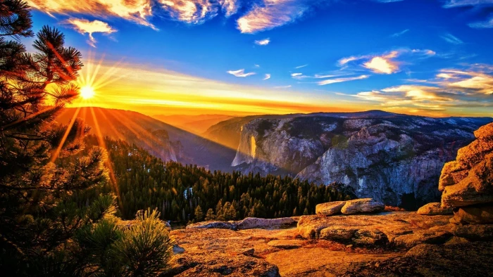 view sunlight yosemite national park morning dawn mount scenery 2k