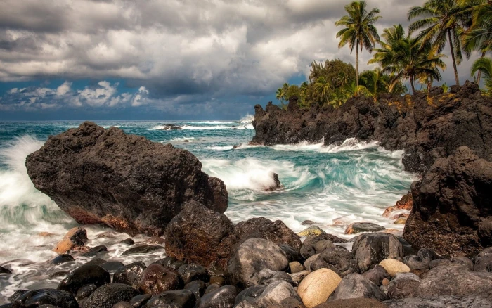 Stone beach rocks palms waves Sea clouds best hd backgrounds 2k