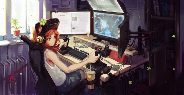 anime girl computer gamer wearing white tank top illustration 2k