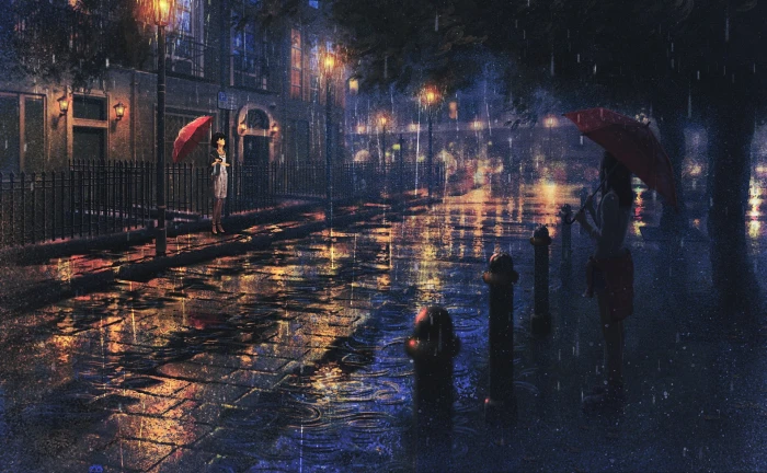 anime girls artwork rain umbrella night illuminated 2k