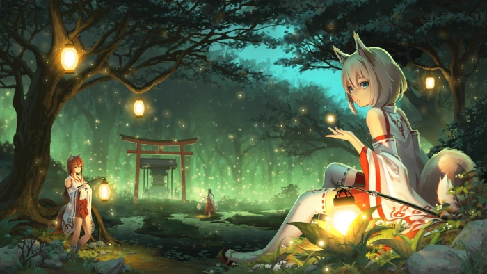 futuristic girl sitting on grass field anime girls animal ears 2k