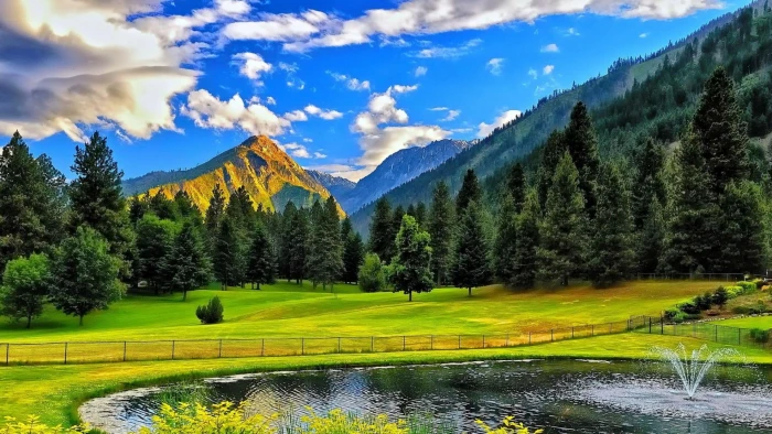 nature pond sky field mount scenery fountain mountain 2k