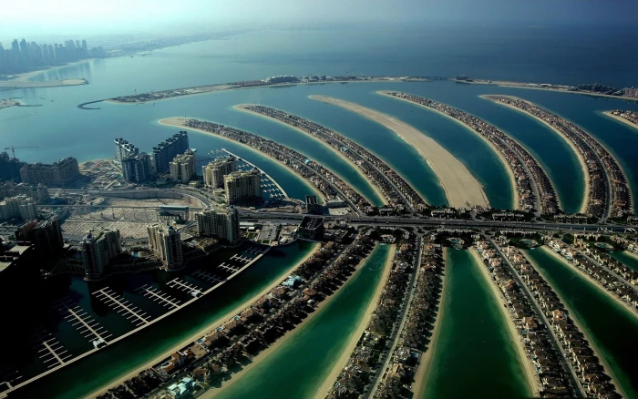 Palm Jumeira Dubai beach sand island cityscape architecture 2k