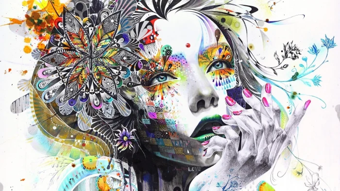 abstraction painting girl flowers hand toughtful rendering 2k