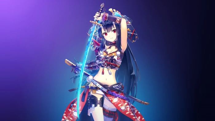 anime girls red eyes gradient simple background blue hair 2k 4k
