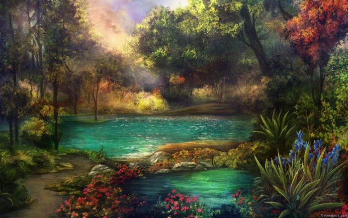 art artwork fantasy landscape nature scenery plant water 2k