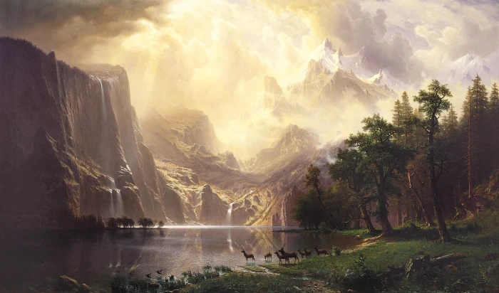 body of water near mountain and trees painting landscape photo lake between 2k