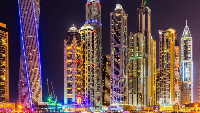Dubai city skyscrapers buildings night lights colorful brilliant urban scenery lighted 2k