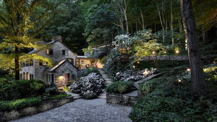 gray brick 2 story house nature landscape trees England UK 2k