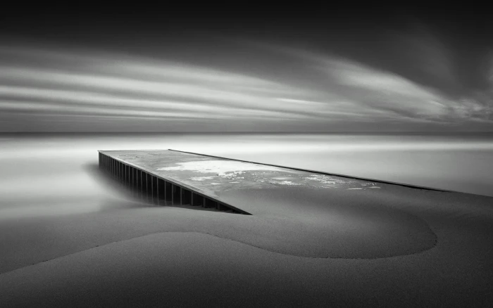 gray beach nature landscape water sea clouds pier sand 2k