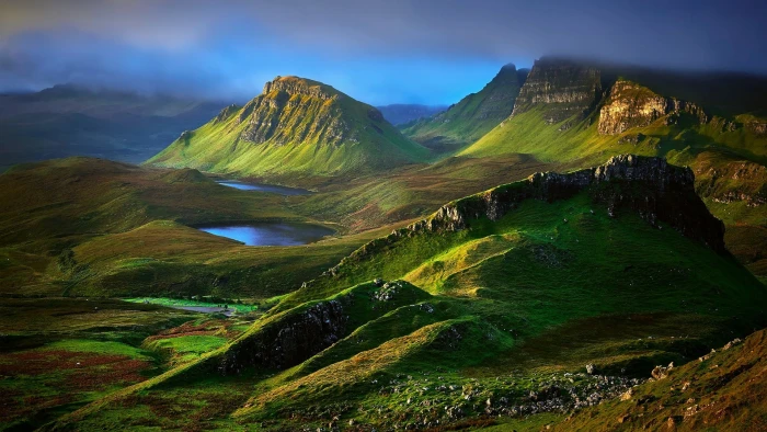 green highland nature landscape mountains hills clouds Skye 2k