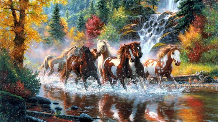 nature river horse painting art tree horses forest autumn 2k