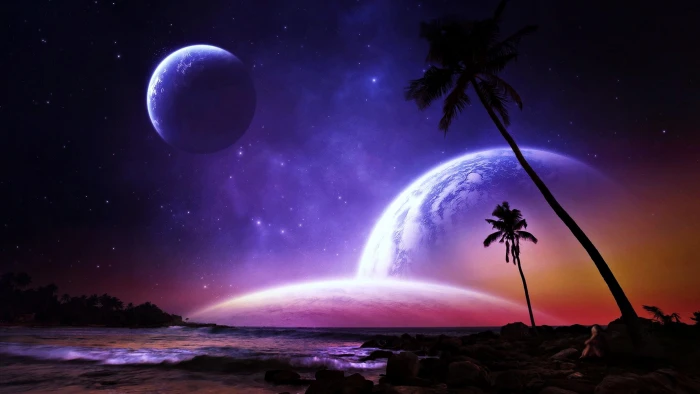 planet palms stars shore dream colorful space beach 2k 4k