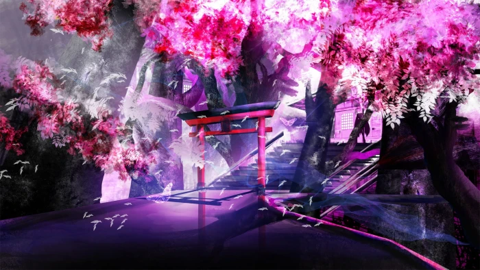 purple anime cherry trees shrine landscape 2k