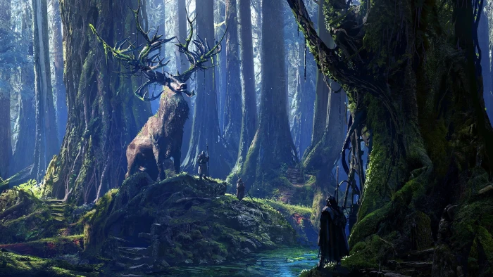 reindeer standing beside trees digital wallpaper druids stags 2k