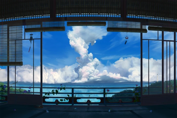 terrace rails and bamboo window blinds anime clouds artwork 2k