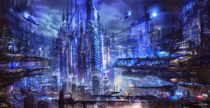 digital art science fiction futuristic city night illuminated 2k