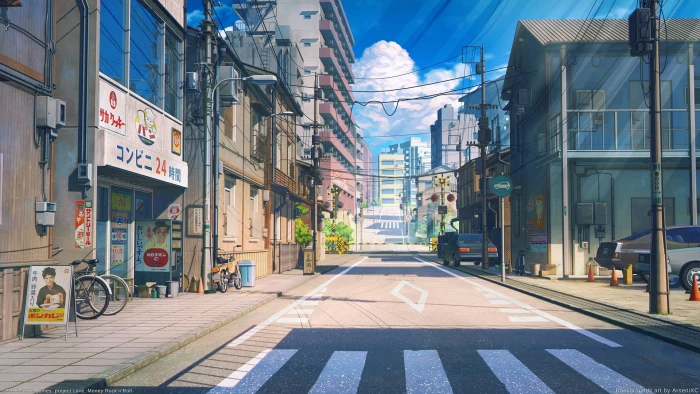 glass buildings anime street scenic bicycle cars road clouds 2k