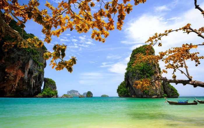 Vietnam beautiful scenery sea rocks islands trees leaves boats 2k