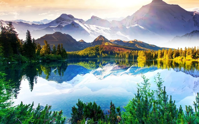 Beautiful nature landscape mountains trees lake sky clouds water reflection 2k