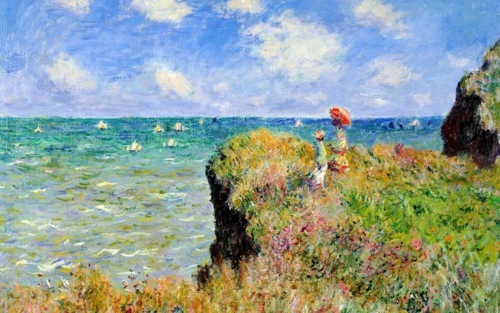painting of two people on cliff sea Claude Monet France parasol 2k