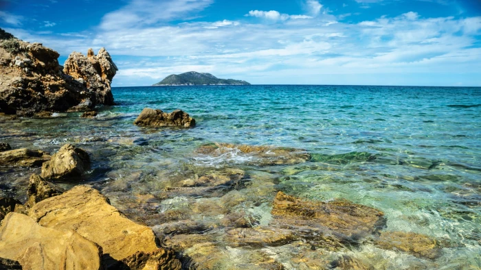 sea rock beach island horizon sazan karaburun peninsula 2k