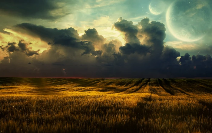 brown rice field under gray clouds at golden hour nature landscape 2k