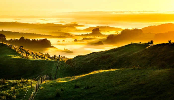 green mountain during sunrise view New Zealand Farm farming 2k