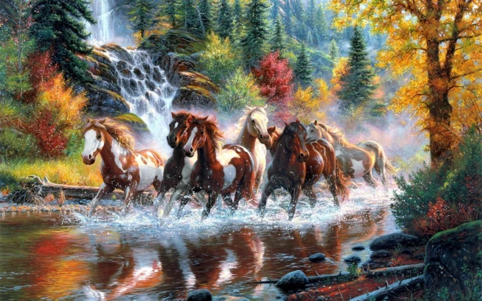 white and brown horses illustration fall waterfall artwork 2k