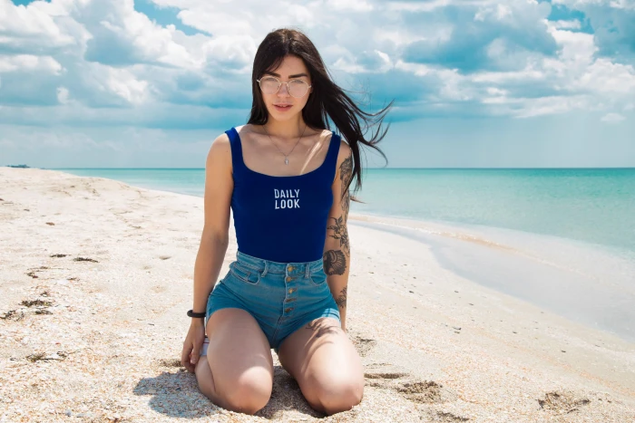 women s blue and white printed tank top jean shorts brunette 2k