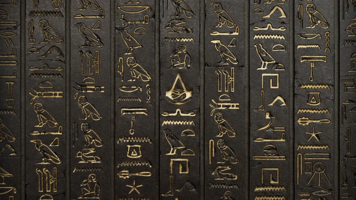 filed black hardbound books Assassin s Creed hieroglyphs wall 44 2k