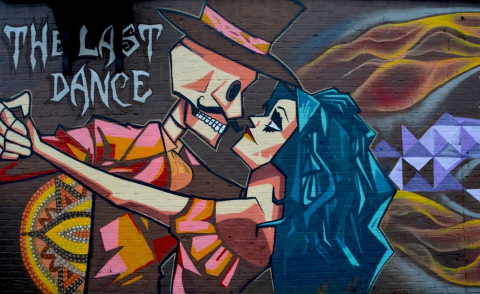 The Last Dance skeleton and woman dancing painting street art 91 2k 4k 5k