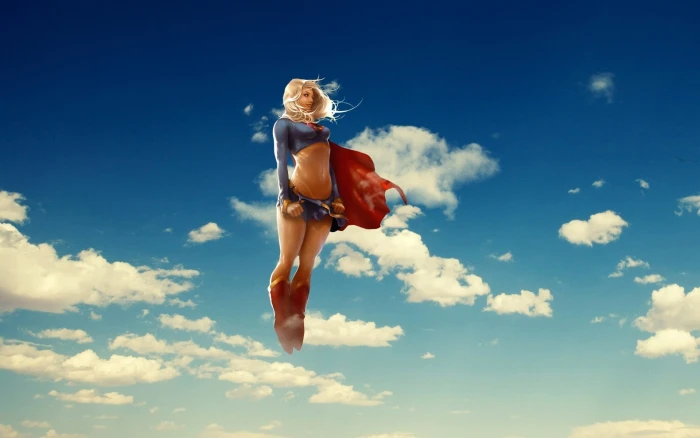 DC Supergirl digital wallpaper sky clouds anime flying blonde 2k