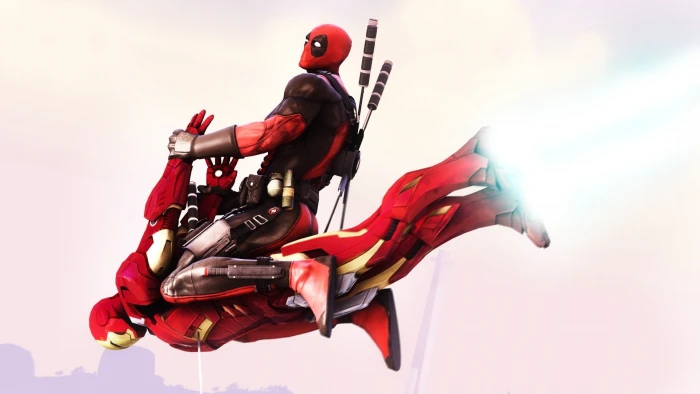 Deadpool and Iron Man illustration men motorcycle action sport 2k