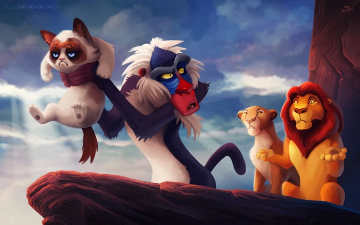The Lion King characters movie scene Grumpy Cat humor 2k