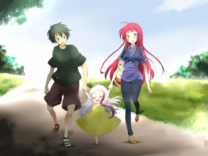 girl between man and woman illustration guy walk anime art 2k