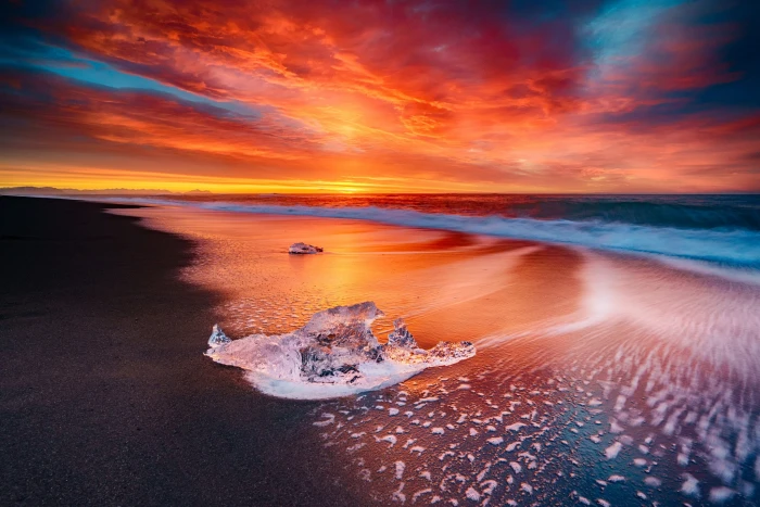 Iceland Beach Sea Sunset Water Sky Fire 2k