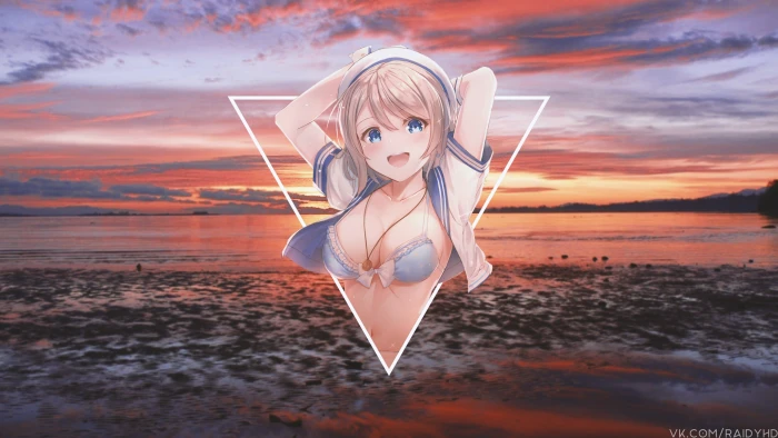 anime girls picture in beach sky sunset 2k 4k