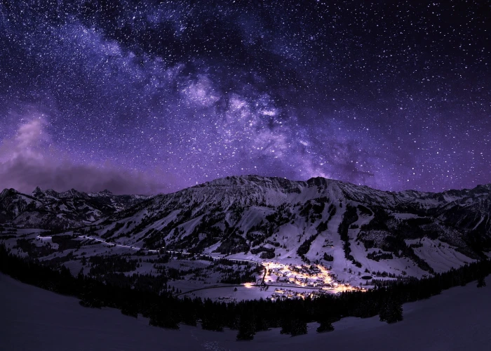 black and white snow coated mountain stars night landscape 2k