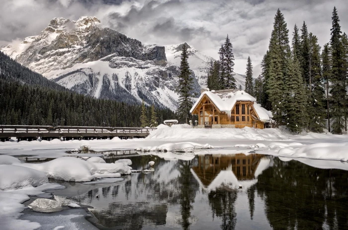 brown shed nature landscape mountains snow water clouds 2k