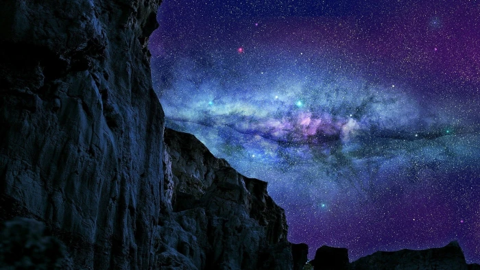 galaxy illustration landscape sky stars space art mountains 2k