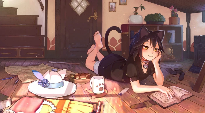 illustration of black haired girl lying on floor anime girls 2k