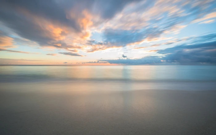 landscape sand sunset horizon sea calm beach clouds 2k 4k