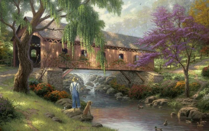 man beside dog near body of water facing brown house painting 2k