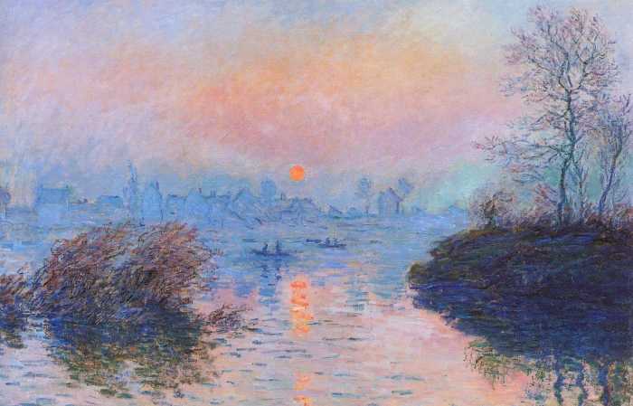 painting of body water landscape picture Claude Monet Sunset on the Seine in Lavacore Winter Effect 2k