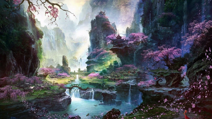river bridge artwork cherry blossom road Halo sky fantasy art 2k