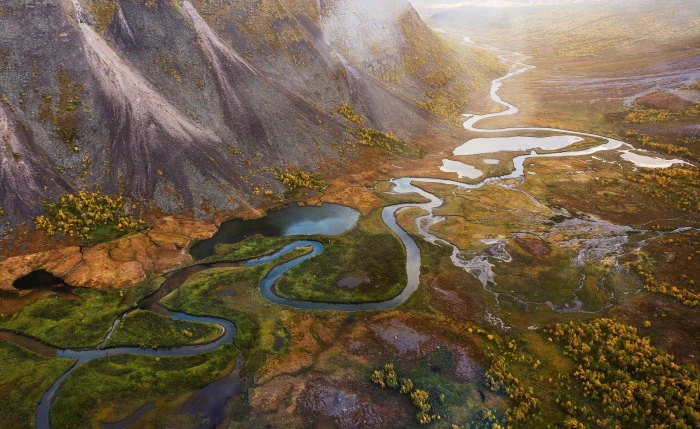 aerial photography of river near moubtain landscape nature 2k