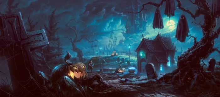 black haunted house digital wallpaper artwork fantasy art Halloween 2k 4k