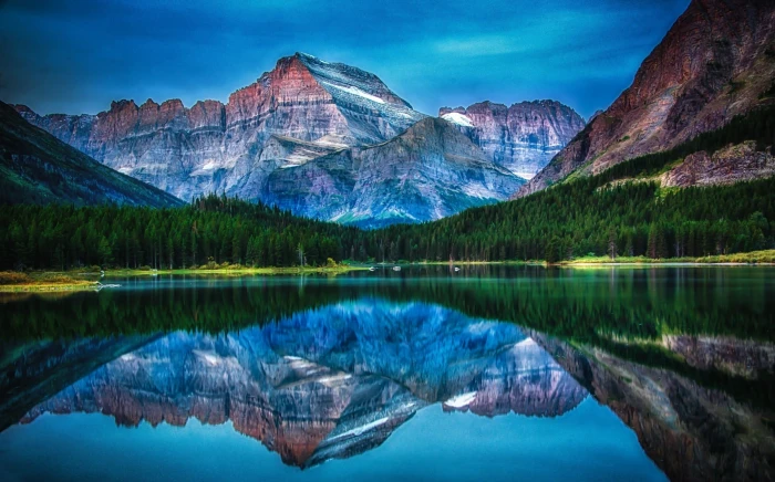 body of water with mountain lake mountains forest reflection 2k