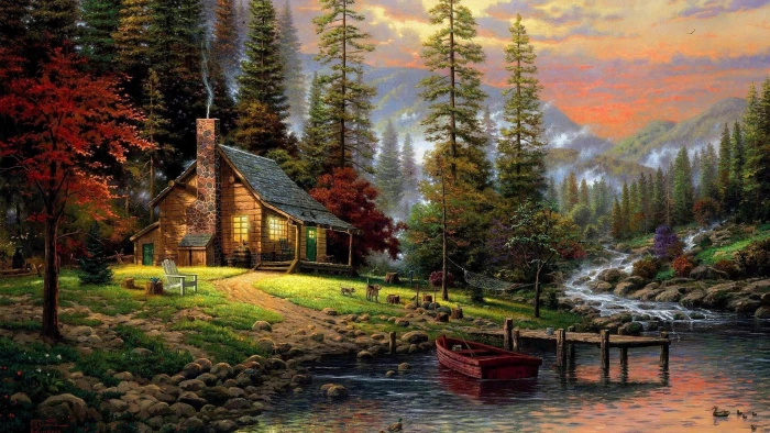 chalet painting house pine tree forest lake boat cozy 2k